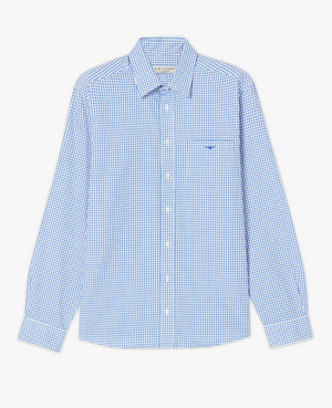 The RM Williams Collins Shirt is a light blue and white checkered long-sleeve dress shirt featuring a button-down front and a front chest pocket. This classic fitting shirt, crafted from twill cotton, sports a pointed collar and buttoned cuffs. It is neatly displayed on a white background.