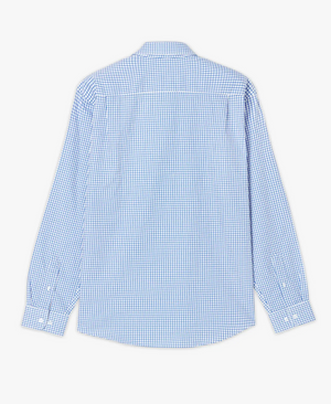 The image shows the back view of the RM Williams Collins Shirt, a long-sleeved button-up with a blue and white checkered pattern. This regular fit shirt features a standard collar, buttoned cuffs, and is crafted from twill cotton for added durability.