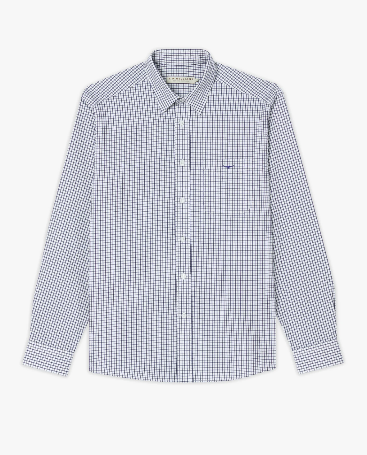 The RM Williams Collins Shirt is a classic-fitting, long-sleeved button-up dress shirt made from twill cotton. It boasts a small checkered pattern in blue and white, with a front pocket featuring an embroidered logo, all set against a white background.