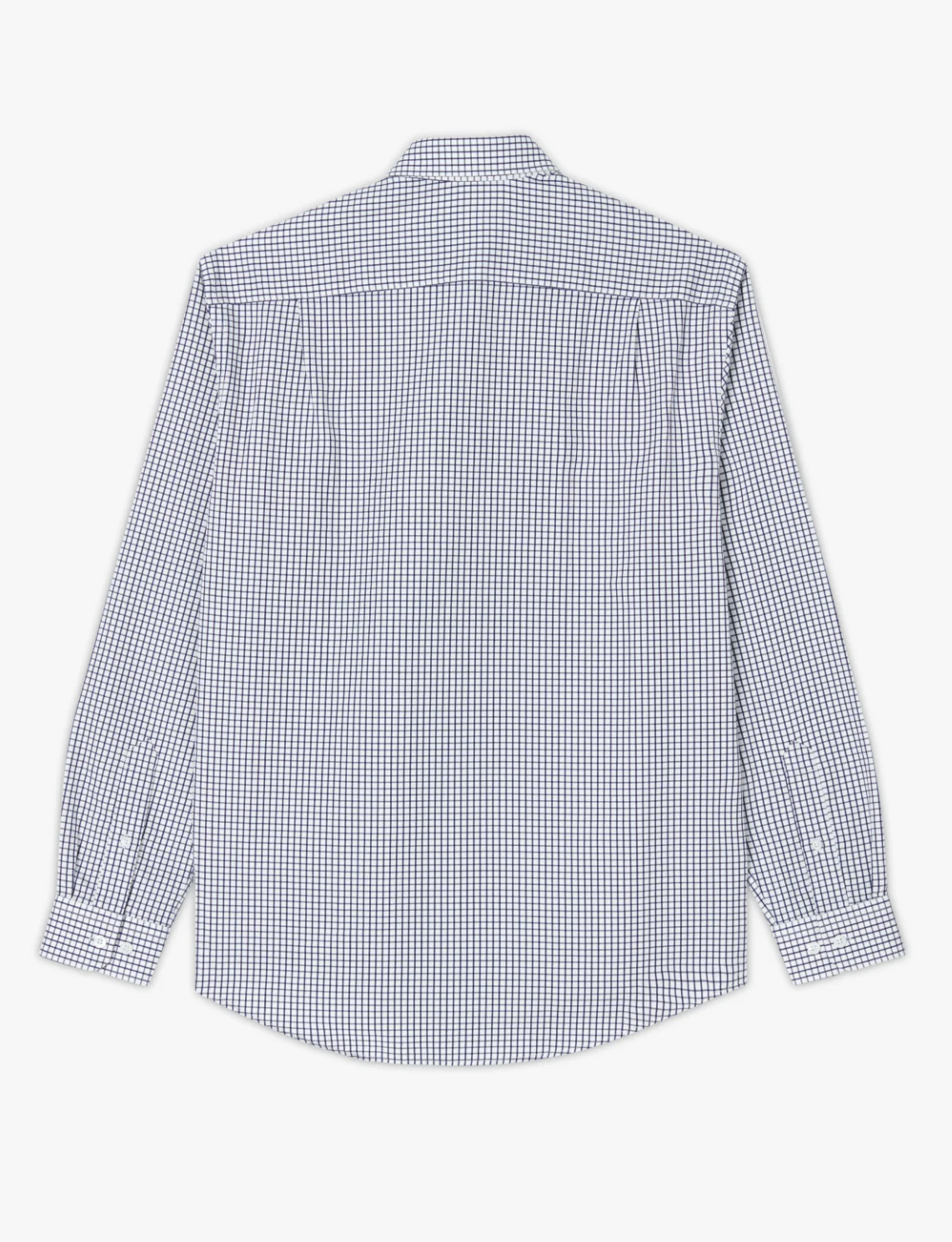A long-sleeved, button-up RM Williams Collins Shirt in twill cotton with a blue and white checkered pattern. The classic fitting shirt is shown from the back, highlighting its collar, long sleeves with buttoned cuffs, and a slightly curved hem.