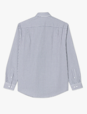 A long-sleeved, button-up RM Williams Collins Shirt in twill cotton with a blue and white checkered pattern. The classic fitting shirt is shown from the back, highlighting its collar, long sleeves with buttoned cuffs, and a slightly curved hem.