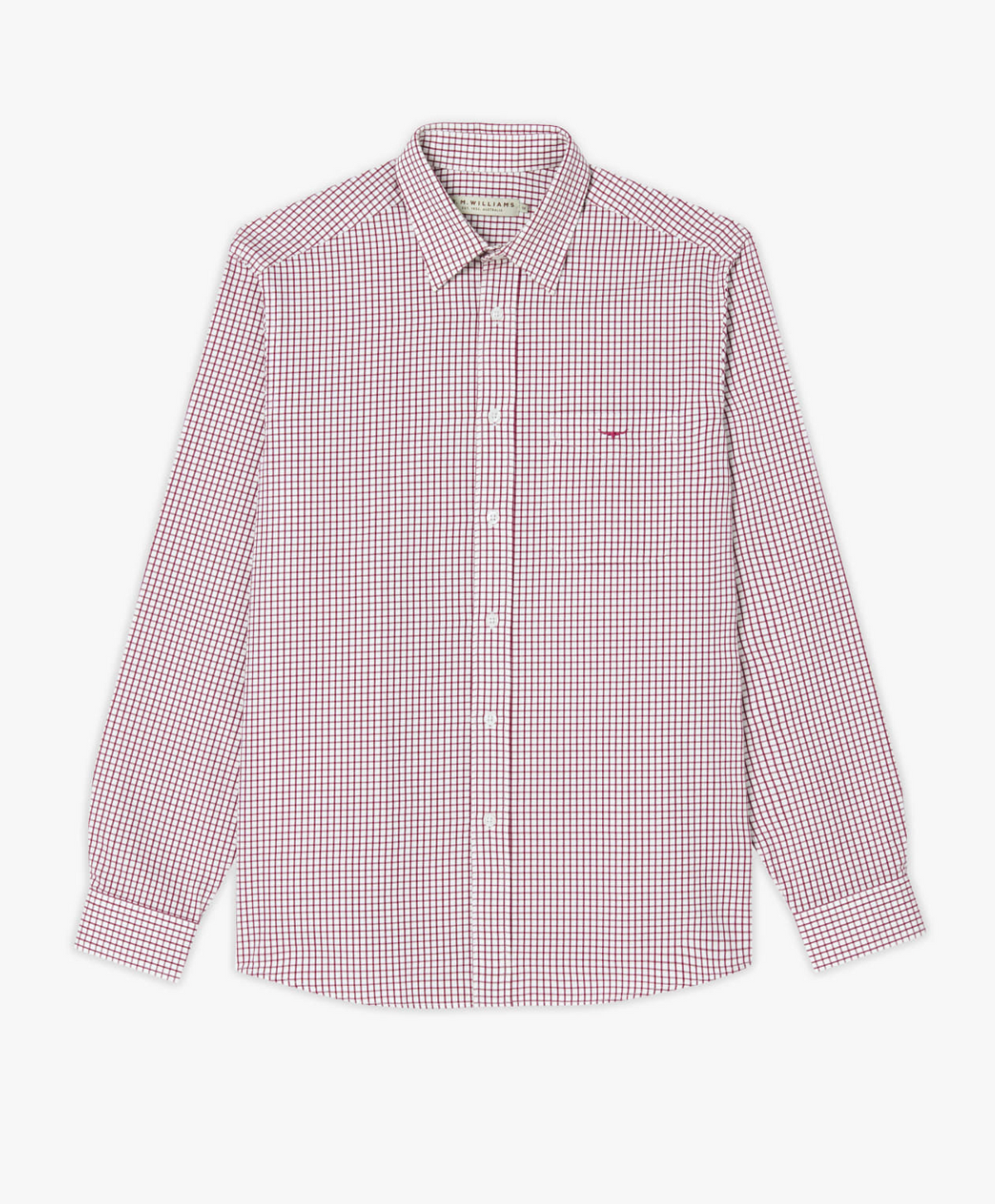 The RM Williams Collins Shirt is a classic fitting, long-sleeved shirt with a red and white gingham pattern. Made from twill cotton, it features a collar, a left chest pocket, and buttoned cuffs.