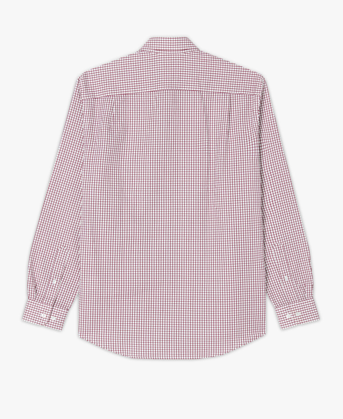 A back view of the RM Williams Collins Shirt showcases its long-sleeved, button-up design with a red and white checkered pattern. Made from twill cotton, this classic fitting shirt features a timeless collar, buttoned cuffs, and a slightly curved hem at the bottom.