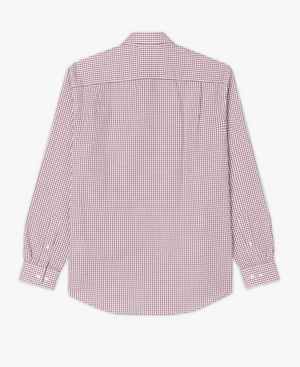 A back view of the RM Williams Collins Shirt showcases its long-sleeved, button-up design with a red and white checkered pattern. Made from twill cotton, this classic fitting shirt features a timeless collar, buttoned cuffs, and a slightly curved hem at the bottom.