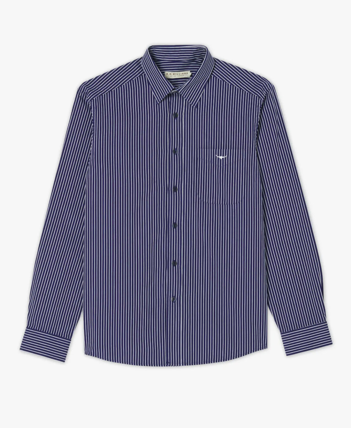 The RM Williams Collins Shirt is a long-sleeved, button-up shirt that showcases a pattern of narrow white vertical stripes on a dark blue background. It features a collar and includes a chest pocket adorned with Longhorn embroidery.