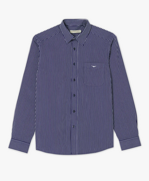 The RM Williams Collins Shirt is a long-sleeved, button-up shirt that showcases a pattern of narrow white vertical stripes on a dark blue background. It features a collar and includes a chest pocket adorned with Longhorn embroidery.