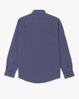 A rear view of the RM Williams Collins Shirt, a long-sleeved button-down featuring navy blue and white vertical stripes. This shirt is designed with a classic collar, buttoned cuffs, Longhorn embroidery, and a curved hemline.