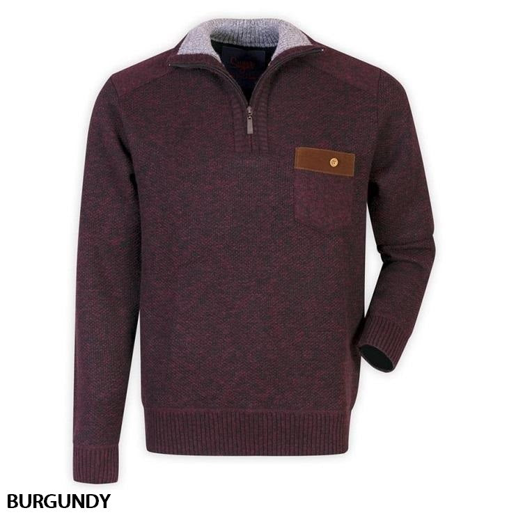 The Sugar Zip Neck Sherpa Lined Knit is a comfortable jumper in burgundy, featuring a mock neck and a brown buttoned front pocket. The quarter-zip extends halfway down from the neckline, and the cuffs, hem, and collar are ribbed. "BURGUNDY" is written in black text at the bottom left of the image.