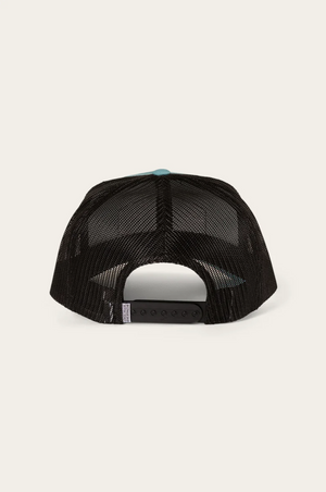 The Ringers Western Scotty Trucker Cap has a classic black mesh design, durable cotton twill front, and adjustable snapback closure for a perfect fit, all showcased from the back against a plain background.
