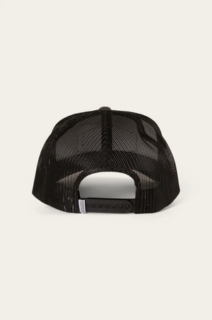 The Ringers Western Scotty Trucker Cap, featuring a black mesh rear view with an adjustable snapback closure, crafted from high-quality cotton twill for comfort and durability, is set against a plain light background.