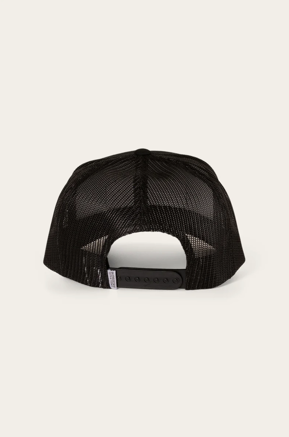 Back view of the Ringers Western Scotty Trucker Cap featuring black mesh and an adjustable snapback closure on a plain white backdrop.