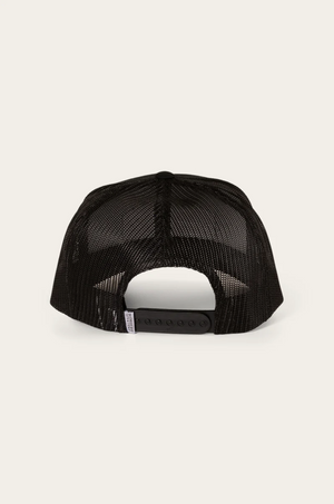Back view of the Ringers Western Scotty Trucker Cap featuring black mesh and an adjustable snapback closure on a plain white backdrop.