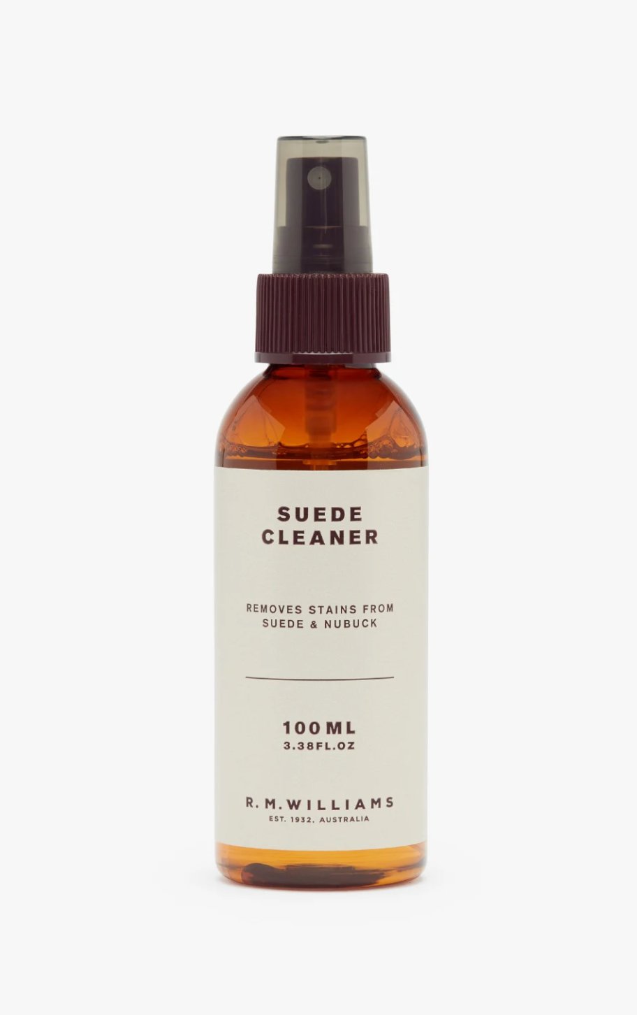 A bottle of RM Williams Suede Cleaner Spray features the label: "Suede Cleaner, removes stains from suede & nubuck." The product volume is showcased as "100 ML (3.3 FL. OZ)" and the non-abrasive cleaner is branded at the bottom as: "R.M. Williams Est. 1932, Australia.