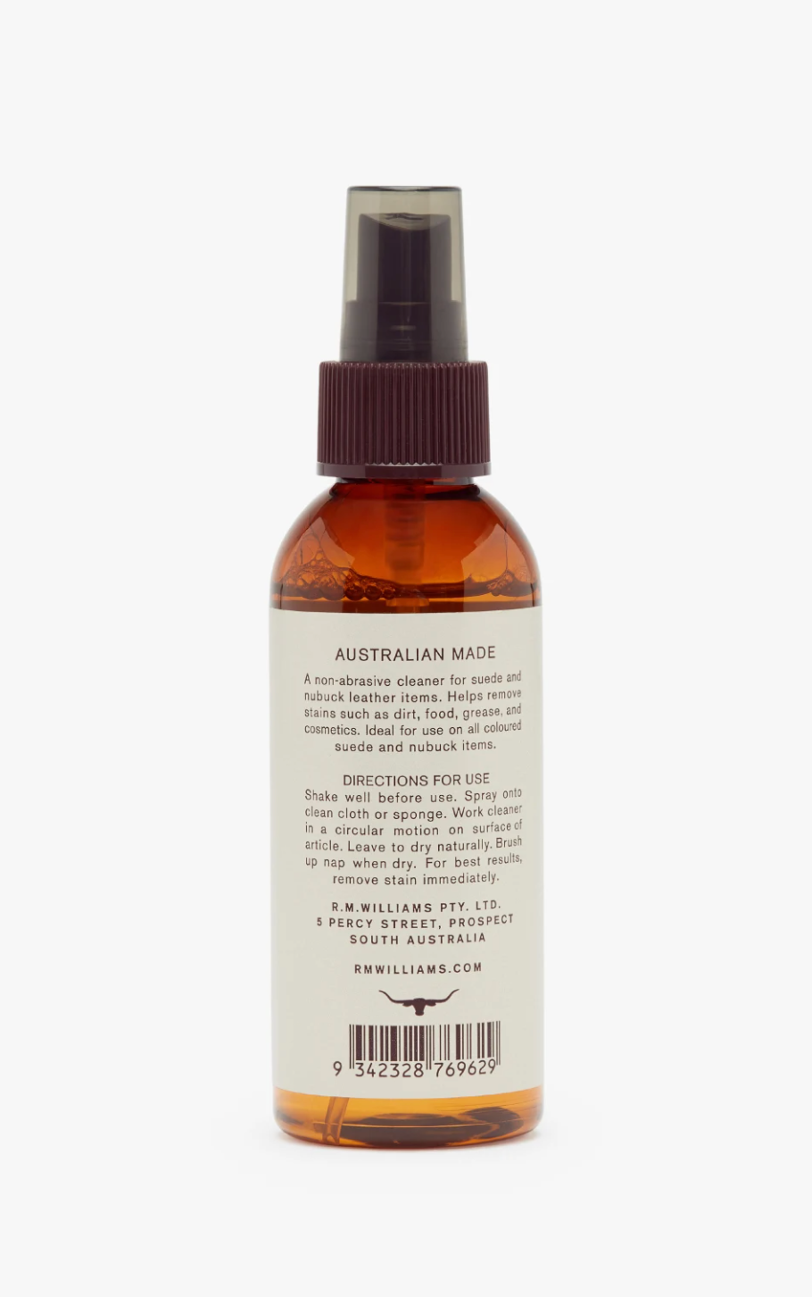 A brown bottle with a spray nozzle containing the RM Williams Suede Cleaner Spray, a non-abrasive cleaner for suede and nubuck. The label reads "Australian Made" and details the product use and stain removal instructions. This cleaner is produced by R.M. Williams Pty Ltd in South Australia, with a barcode at the bottom.