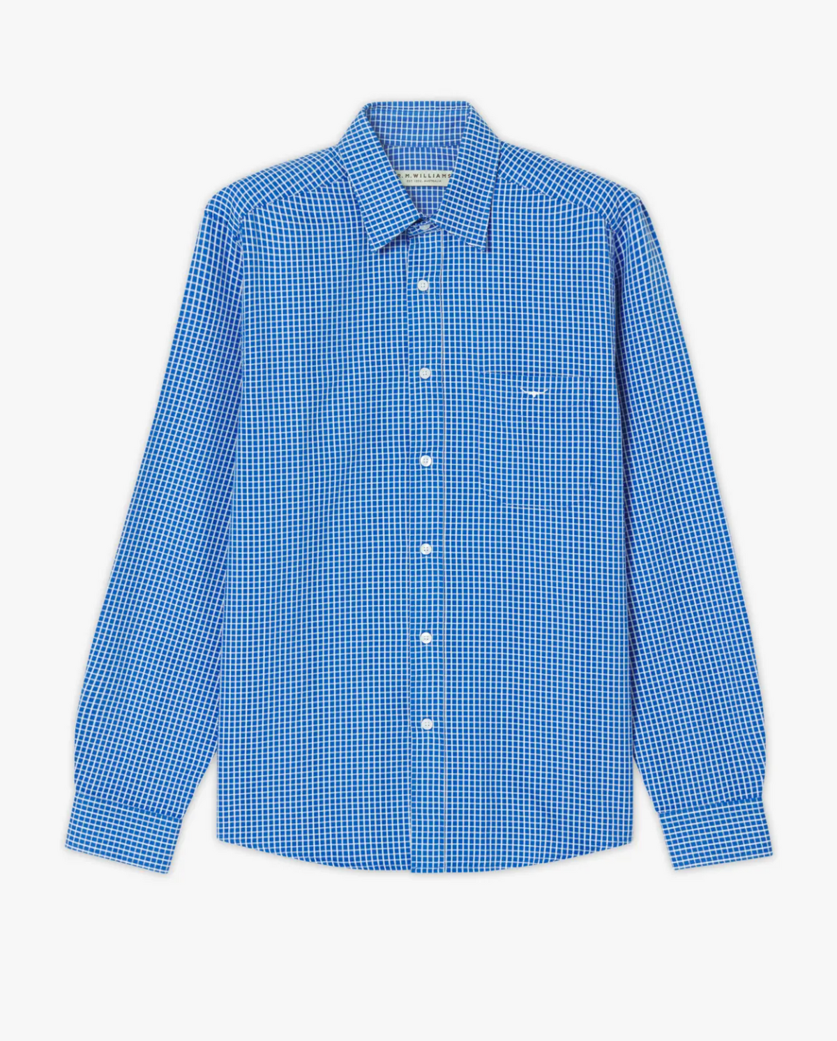 The RM Williams Collins Shirt is a long-sleeved button-up featuring a blue and black gingham check pattern. With its classic collar and single chest pocket, this neatly pressed twill shirt is displayed against a plain white background.