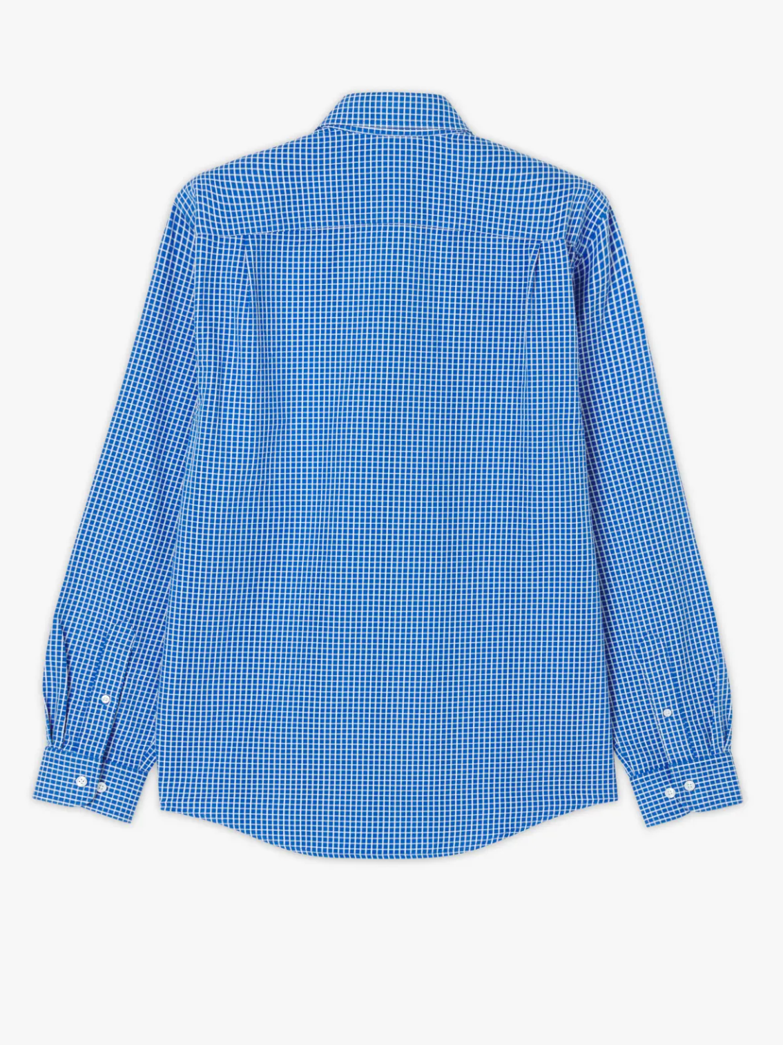 A blue RM Williams Collins Shirt, viewed from the back, showcases a classic collar and buttoned cuffs. This long sleeve shirt features a clean, crisp pattern of small blue and white twill checks.