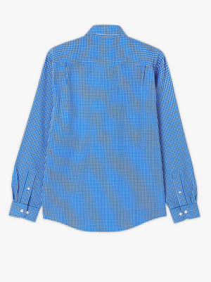 A blue RM Williams Collins Shirt, viewed from the back, showcases a classic collar and buttoned cuffs. This long sleeve shirt features a clean, crisp pattern of small blue and white twill checks.