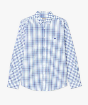 The RM Williams Collins Shirt is a long-sleeved garment showcasing a traditional grid-patterned design with blue squares on a white background, crafted from 100% cotton. It features a pointed collar and includes a subtle Longhorn embroidery on the left chest.
