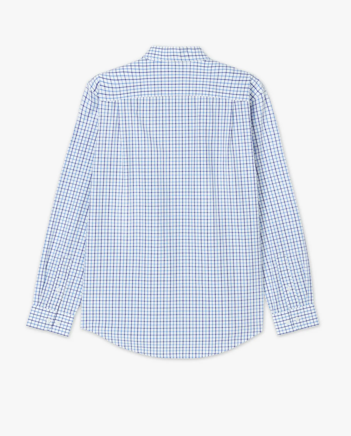 A back view of the RM Williams Collins Shirt showcases its blue and white checkered pattern. This long-sleeved, 100% cotton shirt features a collar, buttoned cuffs, Longhorn embroidery, and a curved hem. The material looks lightweight and is suitable for both casual and business casual wear.