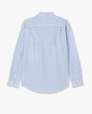 A back view of the RM Williams Collins Shirt showcases its blue and white checkered pattern. This long-sleeved, 100% cotton shirt features a collar, buttoned cuffs, Longhorn embroidery, and a curved hem. The material looks lightweight and is suitable for both casual and business casual wear.