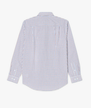 Back view of the RM Williams Collins Shirt, a long-sleeve button-up cotton poplin with a small checkered pattern. The shirt is mainly white with blue and orange thin vertical and horizontal stripes creating the checkered design. It features a classic collar, cuffs, and elegant Longhorn embroidery, perfect for smart casual occasions.