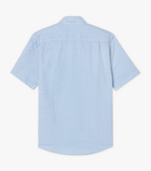 The RM Williams Hervey Shirt is a short-sleeve casual shirt crafted from 100% cotton, featuring a blue and white checkered pattern. Displayed flat and facing backward, it highlights its pointed collar and straight hem.