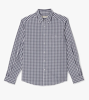 The RM Williams Collins Shirt is a long-sleeved, button-up shirt with a black and white checkered pattern. Made from poplin cotton, it features a collared neckline, regular fit, and a single chest pocket on the left side.