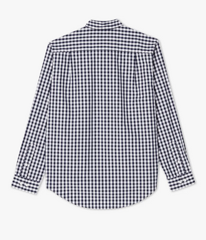 The RM Williams Collins Shirt, crafted from poplin cotton, is a long-sleeved button-up with a black and white checkered pattern, displayed from the back. This regular fit shirt includes a curved hemline and a collar.