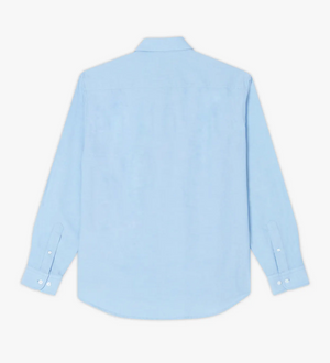 The RM Williams Bourke Shirt, crafted from light blue Oxford cotton with a classic collar and buttoned cuffs, is displayed from the back. The regular-fit long-sleeve button-up ensures both comfort and style with its smooth, lightweight fabric.