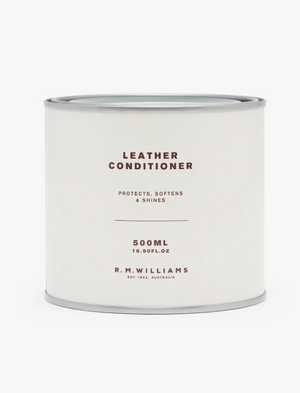 A white RM Williams Leather Conditioner container with a minimalist design. The 500ml (16.90 fl. oz) packaging promises to protect, soften, and shine leather using natural Australian ingredients. The label features the text "R.M. Williams, Est. 1932, Australia" prominently on the front.