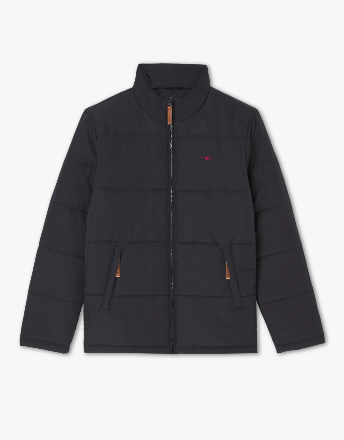 The RM Williams Patterson Creek Jacket is a black, Taslon nylon quilted puffer jacket with a high collar. It features a front zipper and two front diagonal zippered pockets with brown leather accents. The jacket has long sleeves and a small red embroidered logo on the left chest.