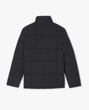 A black RM Williams Patterson Creek Jacket with long sleeves and a high collar, viewed from the back. The jacket features horizontal stitching and a minimalist design, without visible logos or embellishments. Made from Taslon nylon, this quilted puffer jacket offers both style and durability.