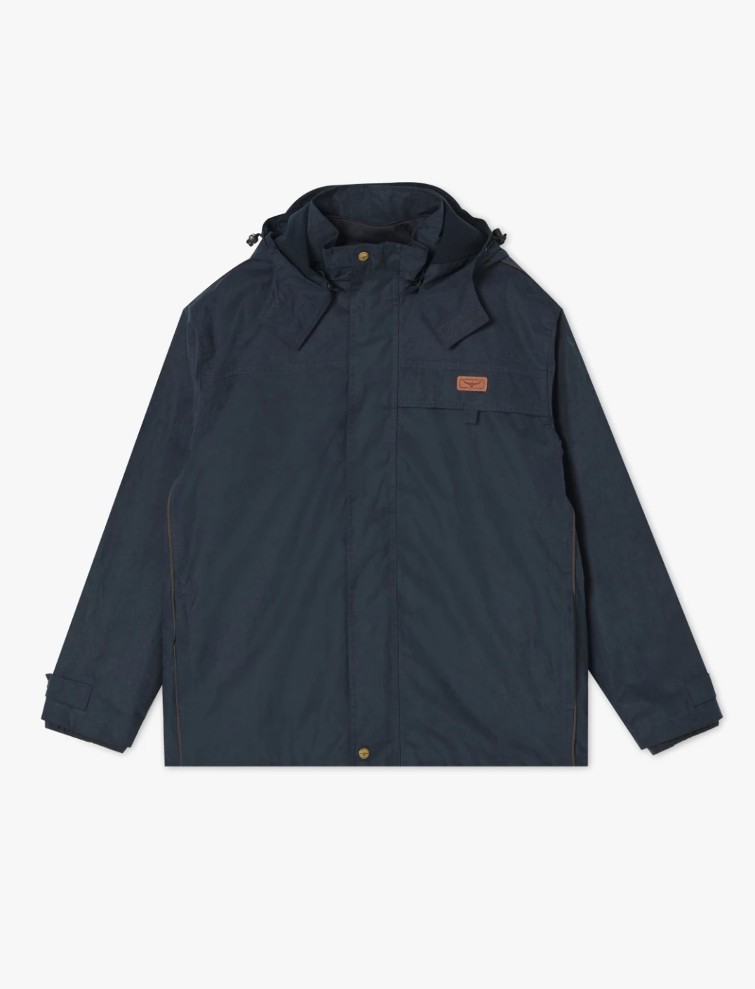 Introducing the RM Williams Rockley Jacket, a dark navy waterproof jacket featuring a detachable hood, snap buttons, and a zipper closure. This jacket is designed with long sleeves and adjustable cuffs and boasts a small leather patch on the left chest. Crafted from durable material, it's perfect for outdoor activities.