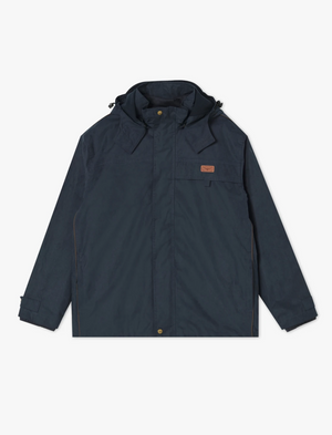 Introducing the RM Williams Rockley Jacket, a dark navy waterproof jacket featuring a detachable hood, snap buttons, and a zipper closure. This jacket is designed with long sleeves and adjustable cuffs and boasts a small leather patch on the left chest. Crafted from durable material, it's perfect for outdoor activities.