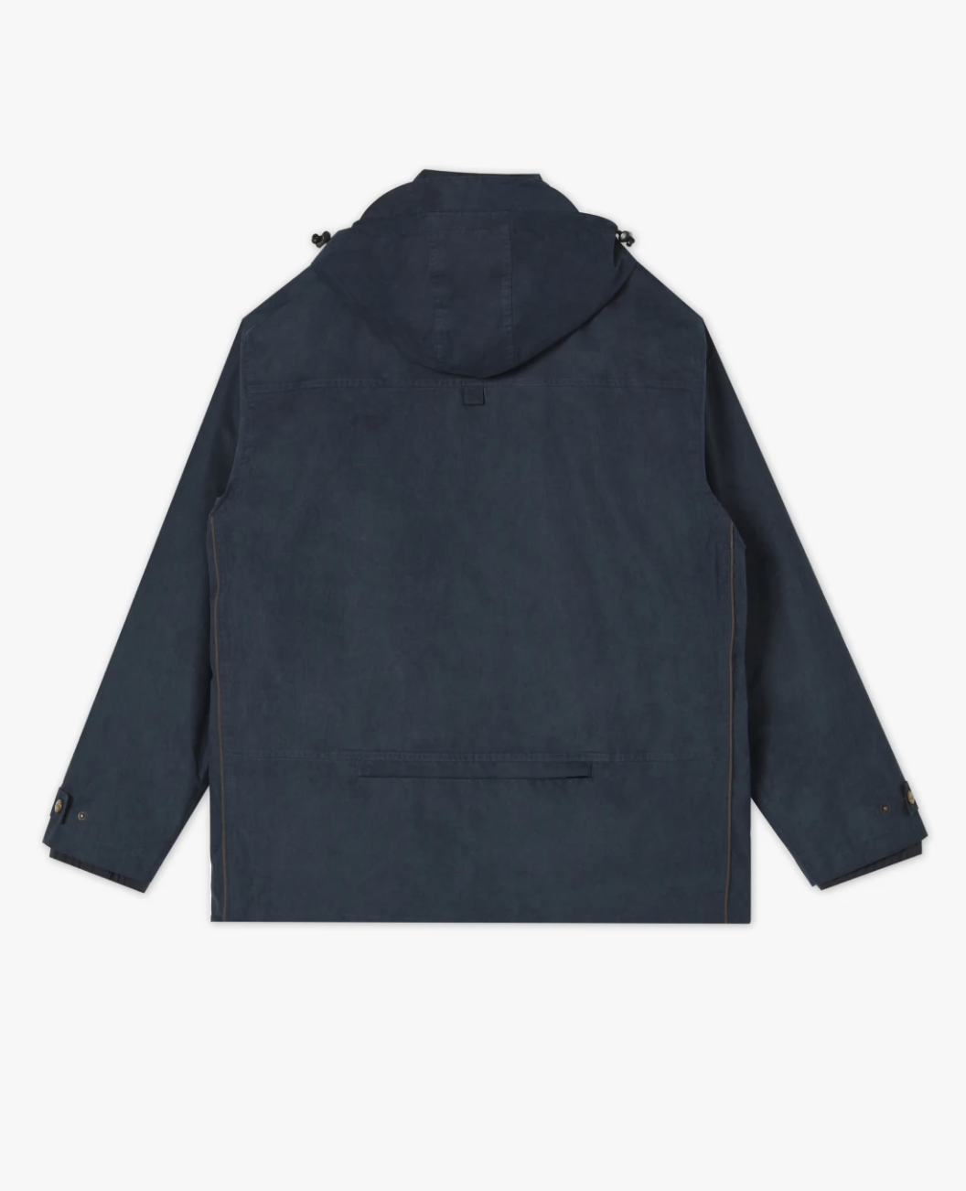 A rear view of the RM Williams Rockley Jacket in navy blue. This waterproof jacket features long sleeves with button closures at the cuffs, a drawstring hood, and a straight hemline. The fabric has a slightly textured appearance, and there are no visible logos or labels.
