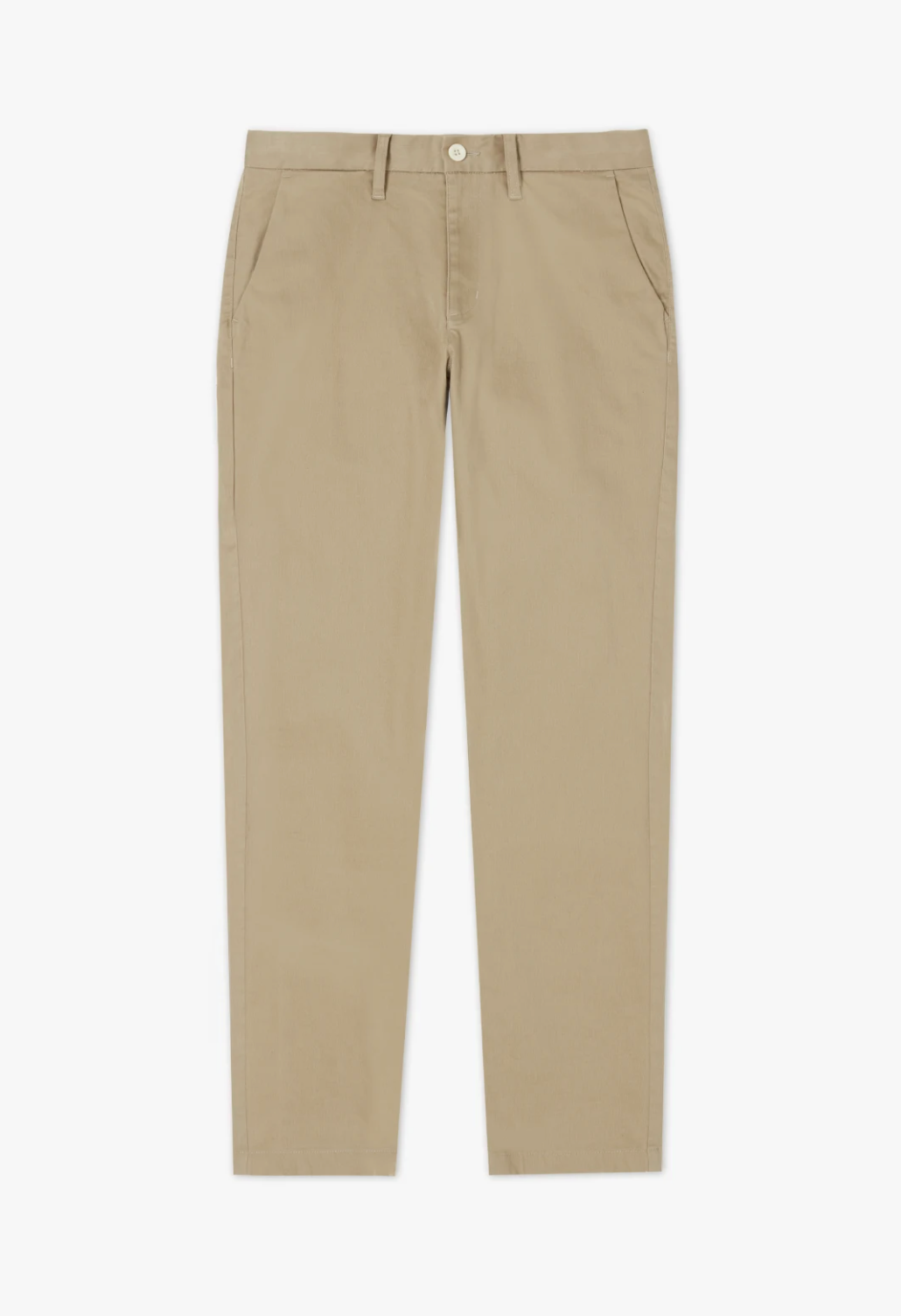 A pair of RM Williams Stirling Chino pants in beige, designed with a straight-leg cut and crafted from stretch cotton chino. These chinos feature side pockets, belt loops, and a five-pocket configuration with a button and zipper closure at the waistband. They are laid flat on a white background.