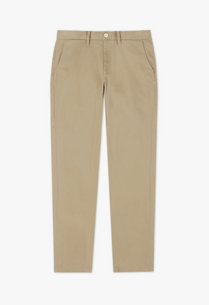 A pair of RM Williams Stirling Chino pants in beige, designed with a straight-leg cut and crafted from stretch cotton chino. These chinos feature side pockets, belt loops, and a five-pocket configuration with a button and zipper closure at the waistband. They are laid flat on a white background.