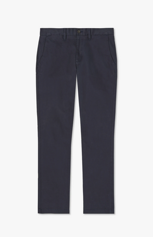 A pair of RM Williams Stirling dark blue stretch cotton chinos is displayed against a white background. The straight-leg pants have a classic design, featuring belt loops, a button and zip fly closure, and front and back pockets. They appear neatly pressed and new.