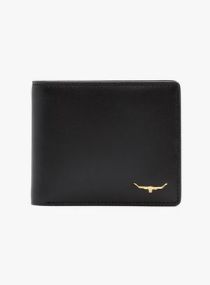 Introducing the RM Williams City Slim Bi-Fold, a black wallet meticulously crafted from full grain leather. It features a small gold-colored longhorn emblem in the bottom right corner and showcases a sleek, minimalist design. The wallet includes stitching along its edges and multiple card slots, all set against a white background.