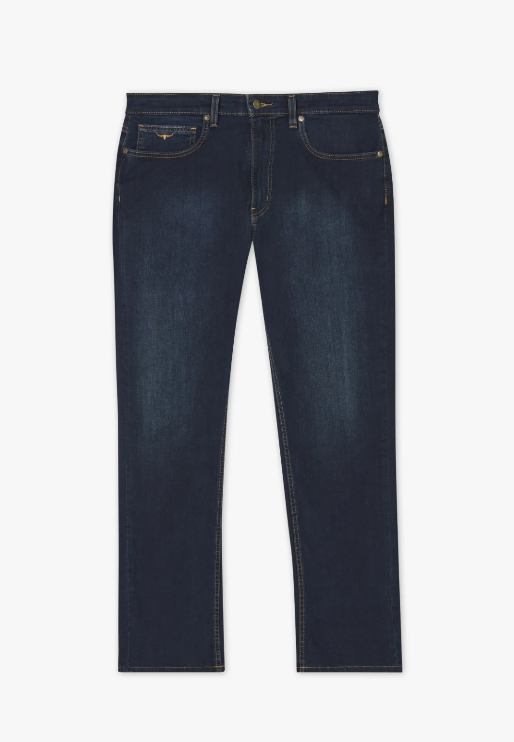 The RM Williams Ramco Jean is a pair of dark blue straight-leg jeans with a slight fade on the thighs. Made from premium cotton denim, these jeans feature a button and zipper closure, front pockets, and belt loops. They are showcased laid flat on a white background.