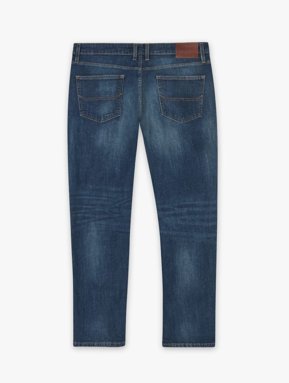 Back view of the RM Williams Ramco Jean in blue denim, made from premium cotton with a slightly faded finish. The jeans feature two back pockets with stitching accents, a leather patch on the waistband, and a straight-leg cut. Subtle whiskering details near the knees add to their classic 5 Pocket Jean design.