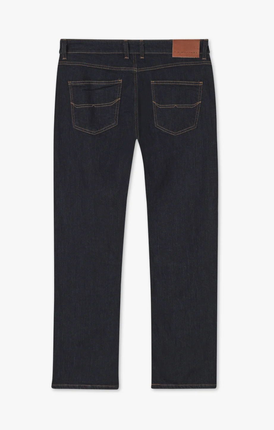 A pair of RM Williams Ramco Jeans in dark blue, premium denim is laid flat, showcasing the backside. The straight-leg jeans feature two back pockets with brown stitching and a leather patch on the waistband, along with belt loops for added functionality.
