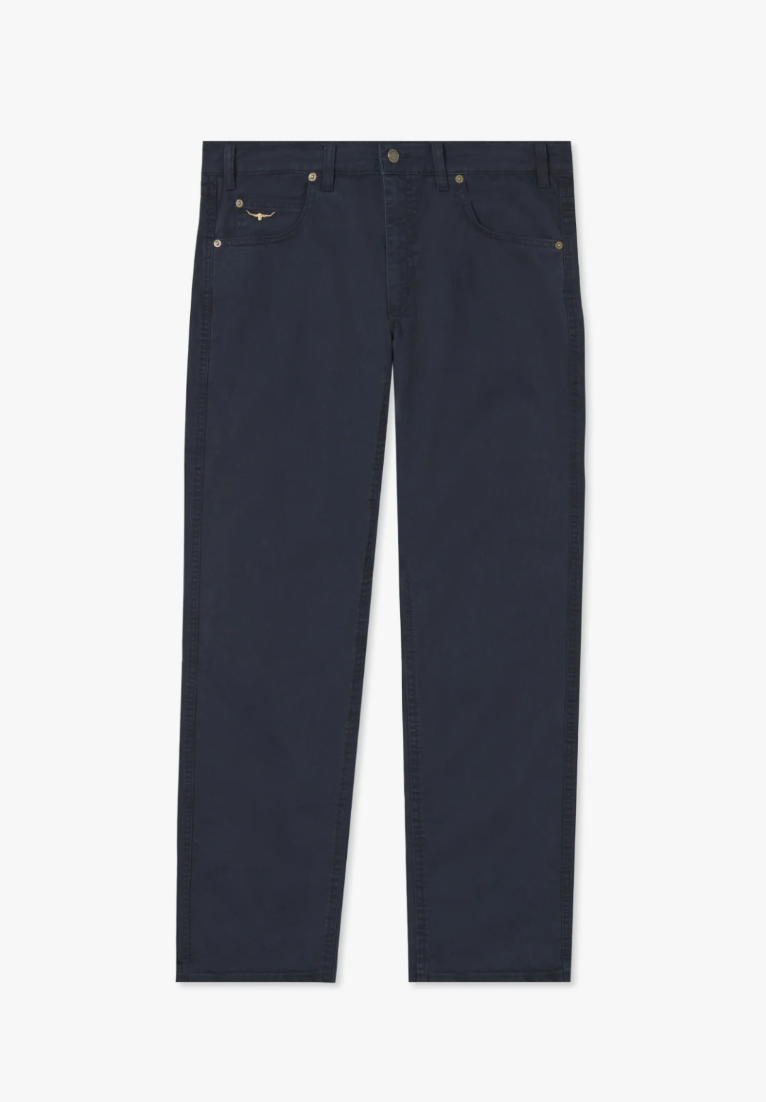 A pair of RM Williams Linesman Cotton Jeans displayed flat on a white background. The dark blue, slim fit jeans feature a straight-leg cut, brass rivets, and classic five-pocket styling, including a small logo on the front right pocket. Made from stretch cotton twill for added comfort.