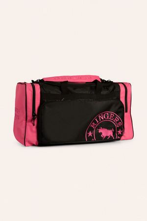 The Ringers Western Rider Sports Bag is a pink and black duffel bag featuring "Ringers Western" on the top handle and side pockets. It boasts multiple compartments, including a large front pocket adorned with a logo that showcases a bull and stars.