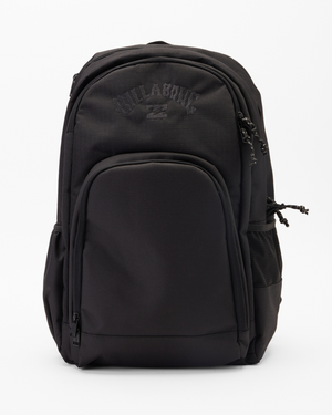 Meet the Billabong Command Backpack: a sleek black bag made from recycled polyester, boasting multiple zippered compartments, side pockets, a laptop compartment, and padded straps. Enhanced with a subtle embroidered logo for both style and functionality.