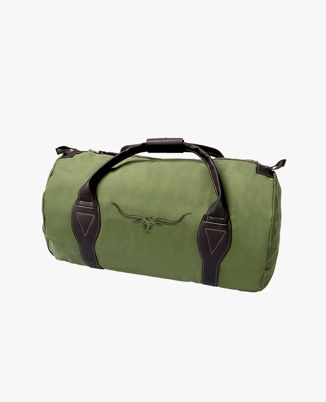 The RM Williams Canvas Ute Bag, featuring a green body with brown handles and accents, prominently displays a bull's head logo in the center. Designed as the ideal travel companion, this bag showcases a cylindrical shape and offers zippered closures on both the top and sides, seamlessly merging style with functionality.