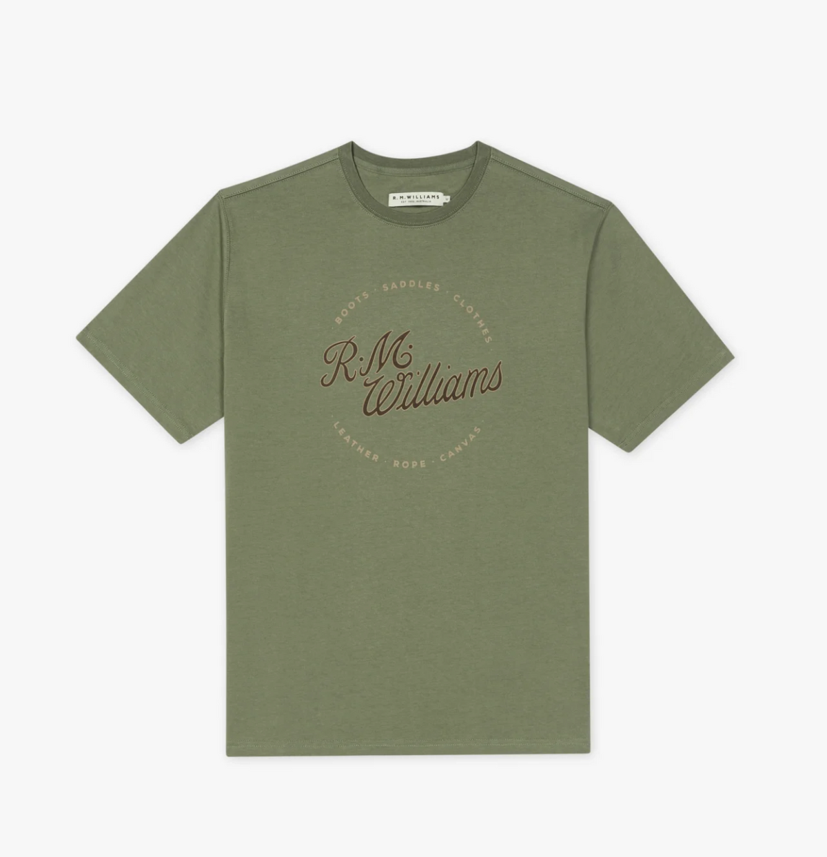 The RM Williams Script Stamp T-Shirt in olive green is made from soft cotton and features "R.M.Williams" with circular brown text, "Boots Saddles Clothing Leather Rope Canvas," printed on the front.