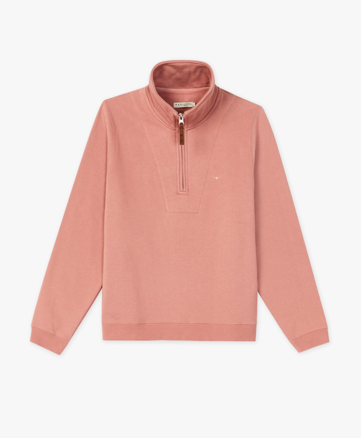 The RM Williams Morisset Sweatshirt is a dusty pink quarter-zip pullover in brushed cotton fleece, with a standing collar, long sleeves, ribbed cuffs and hem, and a small longhorn embroidery on the chest.