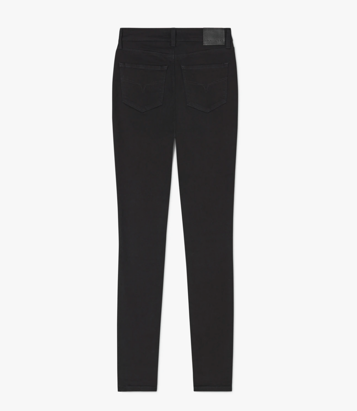 The RM Williams Albury Jean in black, shown from the back, is made from stretch cotton and features two back pockets with stitched details and a leather tag on the waistband. A subtle Longhorn embroidery adds a unique touch.