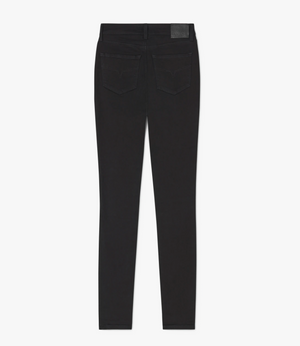The RM Williams Albury Jean in black, shown from the back, is made from stretch cotton and features two back pockets with stitched details and a leather tag on the waistband. A subtle Longhorn embroidery adds a unique touch.